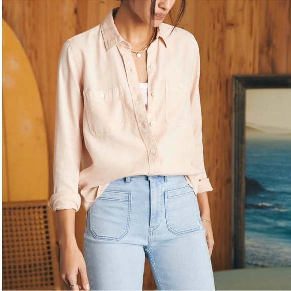 Faherty Womens Tried & True Chambray Shirt Size M Peach Button Up Linen Blend - Picture 1 of 11